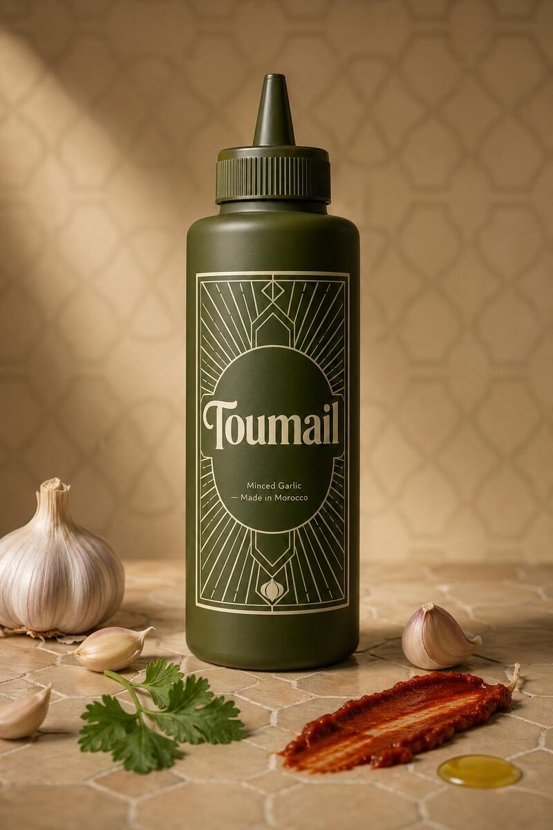 Toumail Original — Moroccan minced garlic in a matte olive squeeze bottle