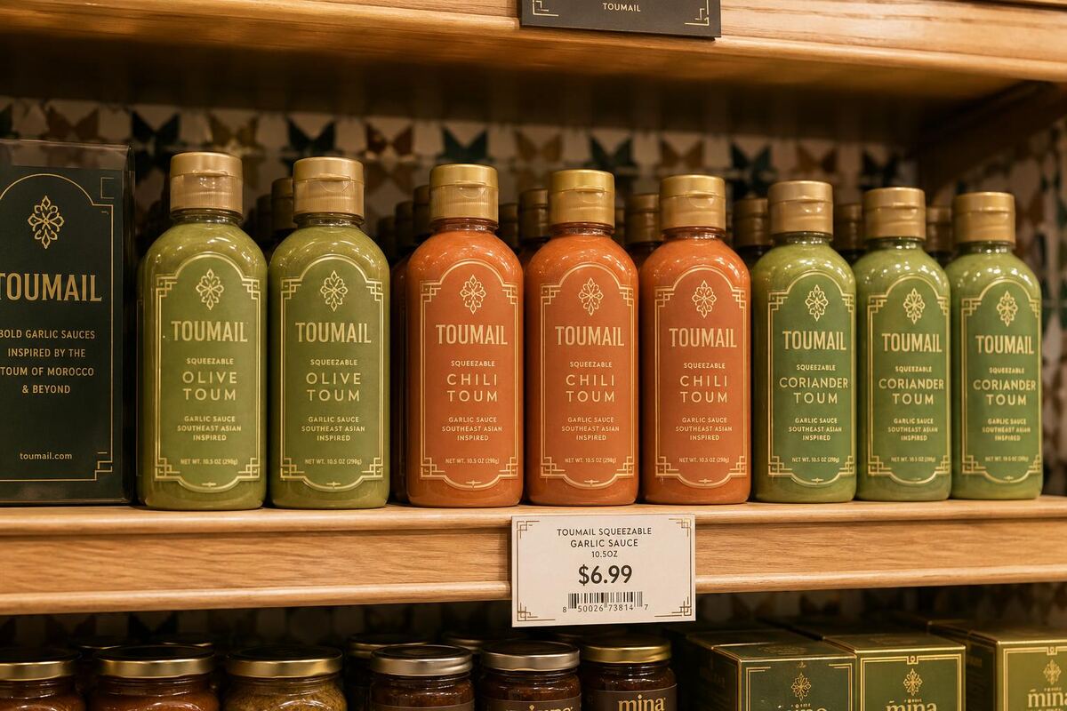 Toumail Moroccan minced garlic on a premium grocery shelf